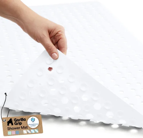 Vista 46 de GORILLA GRIP - Alfombrilla patentada cuadrada para cabina de ducha, alfombrillas pequeñas para el piso de la bañera para duchas de pie, ventosas