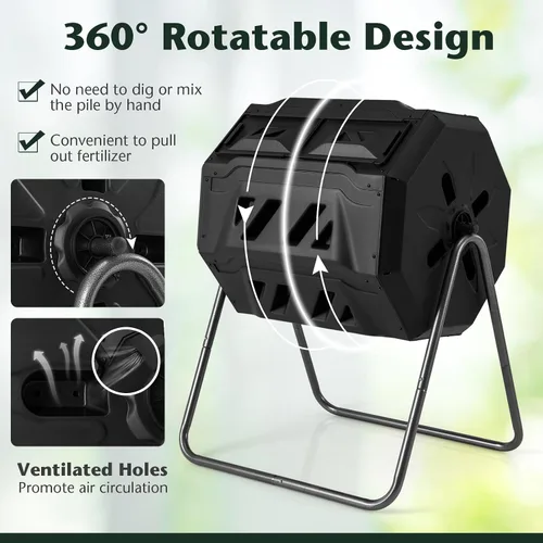Vista 5 de Goplus Contenedor de compostaje de doble cámara para exteriores de 42 galones con 2 puertas corredizas, marco de metal resistente, compostador Negro