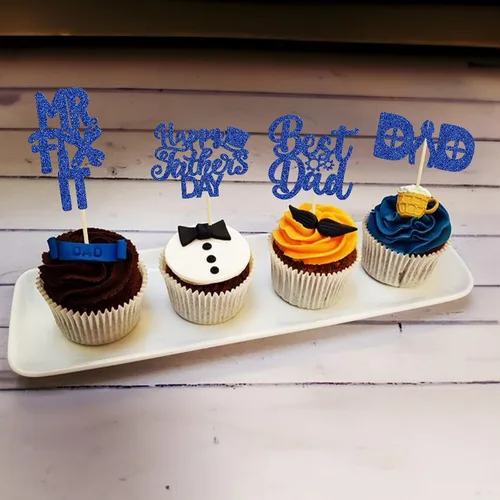 Vista 7 de 24 adornos para cupcakes con temática de sombrero para el Día del Padre, con purpurina azul, mejores selecciones de cupcakes para papá, decoraciones