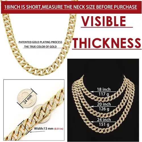 Vista 5 de Miami - Cadena de eslabones cubanos para hombre, chapada en oro plateado, cadena de diamantes para hombre, cadena de 0.51 pulgadas, joyería de hip