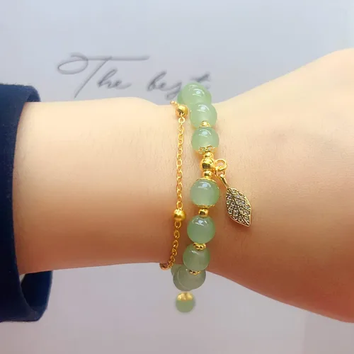 Vista 6 de CJIAYUJEW Hotan - Pulsera de hoja de jade natural de 2 capas de nefrita verde para mujer, diseño de cuentas redondas con dije de hoja de circón
