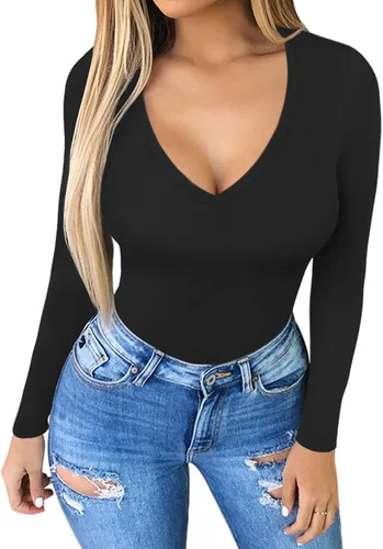Vista 2 de MANGOPOP - Body sexy de manga larga y manga corta, con cuello en V profundo para mujer