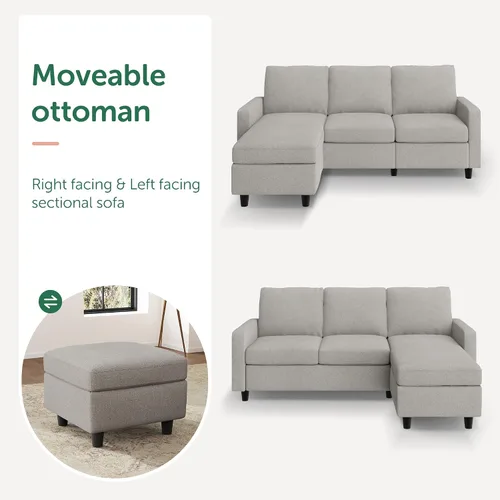 Vista 3 de HONBAY Sofá seccional convertible en forma de L con tela de lino, sofá reversible para espacio pequeño, gris medio claro