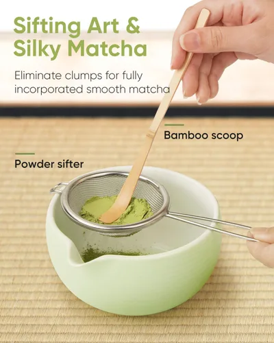 Vista 3 de Joiish Juego de batidor matcha, kit de 5 piezas, tazón de cerámica con asa y soporte, batidor de bambú, tamiz, cuchara, herramientas tradicionales