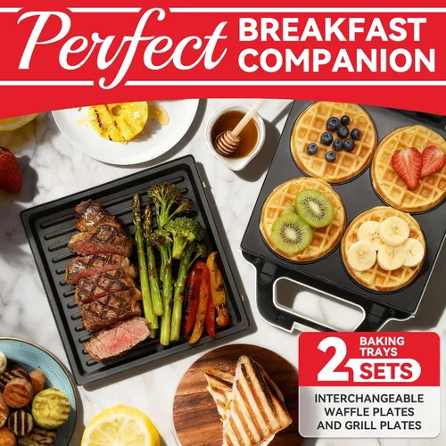 Vista 3 de SugarWhisk Mini Waflera 2 en 1 con Placas Extraíbles, Prensa Panini para Sándwiches, Prensa para Sándwiches, Waflera Eléctrica, Sandwichera