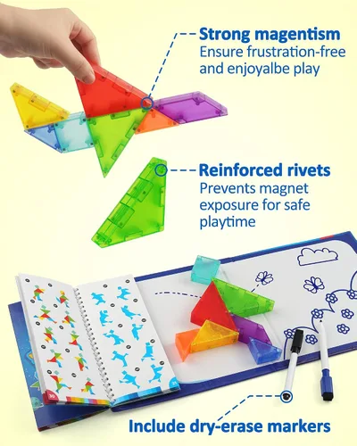 Vista 6 de Rompecabezas Tangram Magnético de Viaje Coogam con Bloques de Construcción 3D, Libros de Rompecabezas de Escritura en Forma de Patrón para Viajes