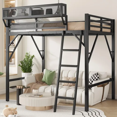 Vista 13 de Mirightone Cama elevada de tamaño completo con escaleras, camas elevadas de metal, estructura de cama elevada con estantes de almacenamiento, cama