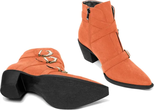 Vista 7 de AMBELIGHT Botas altas de tacón bajo grueso con cremallera y puntera puntiaguda para mujer, 2.5 pulgadas