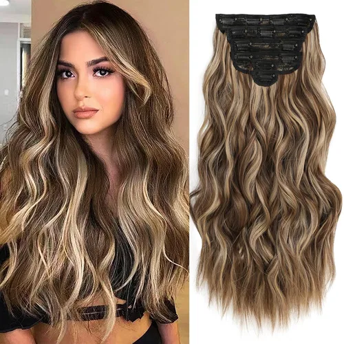 Vista 14 de Extensiones de cabello con clip para mujer, mezcla negra oscura con reflejos marrón claro, 20 pulgadas, 6 piezas, extensiones de cabello largo