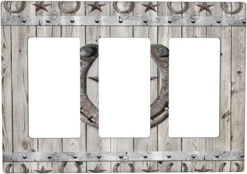 Vista 99 de Cubiertas de pared de estilo rústico occidental de madera puerta de granero herradura de hierro estrella placas de pared simple dúplex cubiertas