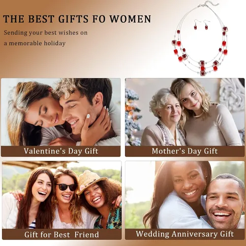 Vista 6 de Collar de cuentas de plata en capas para mujer, cuentas de cristal cuadradas, collar y aretes, disfraces de moda, conjuntos de joyas para mujer