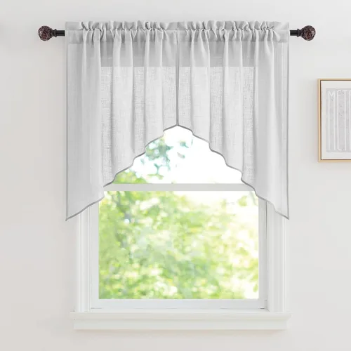 Vista 10 de RYB HOME - Cortinas de café de 24 pulgadas de largo, cortinas cortas de lino traslúcidas para ventana pequeña, cortina de media privacidad con Angora