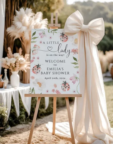 Vista 2 de Personalized Baby Shower Welcome Sign, Red Ladybug Baby Shower Welcome Sign, 12" X 18" (Small), 27" (Medium), 36" (Large), Plastic, Modern, Pole
