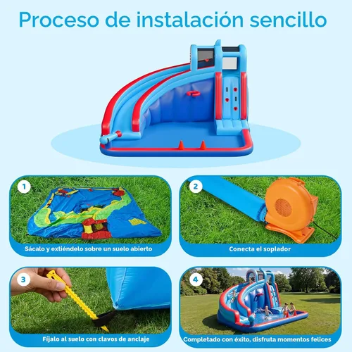 Vista 6 de Tobogán acuático inflable para patio trasero de niños con soplador de 450 W, castillo de salto con tobogán de agua, parque acuático para actividades