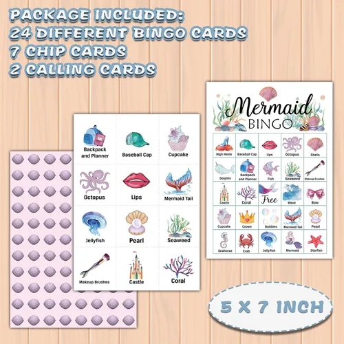 Vista 2 de Ycyfckdr Tarjetas de bingo de sirena, juegos de fiesta de sirena, juego de bingo bajo el mar para adultos, juegos al aire libre