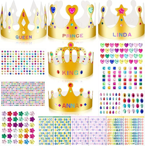 Vista 8 de Coronas de papel doradas, coronas de rey de cumpleaños de bricolaje para decorar, coronas de papel de príncipe y princesa para la clase escolar