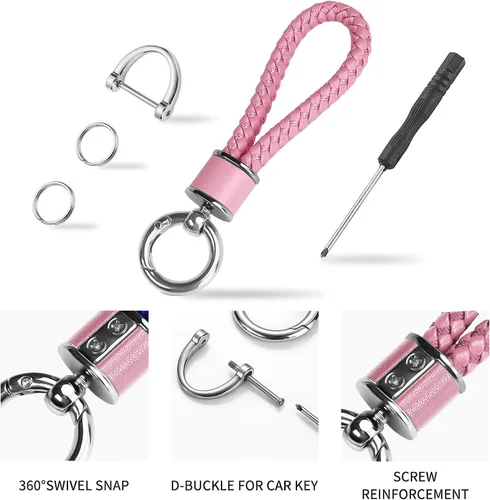Vista 4 de Tukellen Llavero de tejido de cuero para automóvil, llavero de regalo para mujer, con anillo en D giratorio de 360 grados y destornillador