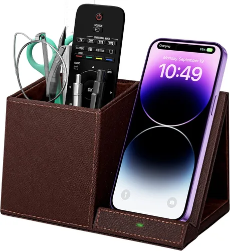 Vista 8 de Organizador de suministros de escritorio, soporte multifuncional para lápices y bolígrafos con cargador inalámbrico, organizador de papelería