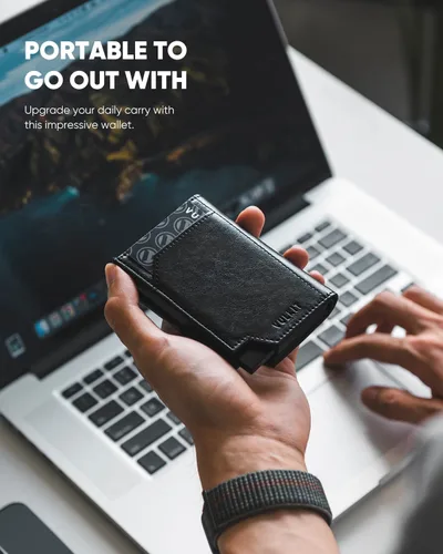 Vista 2 de VULKIT Billetera desplegable de metal para hombre, con bloqueo RFID inteligente, tarjetero de crédito, cierre magnético, billeteras triples de cuero