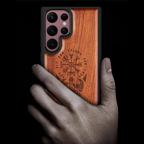 Vista 2 de Carveit Funda para Galaxy S22 Ultra de madera compatible con S22 Ultra Viking Compass Vegvisir-Rosy Madera real dura, TPU suave, funda protectora