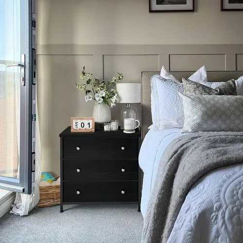 Vista 3 de BOLUO Mesita de noche negra con cajones de tela, mesita de noche grande de 3 cajones para dormitorio, armario, niños, niñas moderna