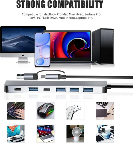 Vista 7 de 【Actualización】 Concentrador USB C/USB, BERLAT Aluminio 7 en 1 USB C y Hub USB con USB 3.0, puertos USB 2.0 para PC/portátiles/MacBook