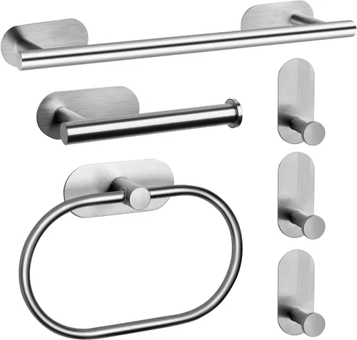 Vista 10 de JiGiU Toallero autoadhesivo para baño, incluye toallero de baño de 16 pulgadas, soporte para papel higiénico, anillo de toalla y 3 paquetes