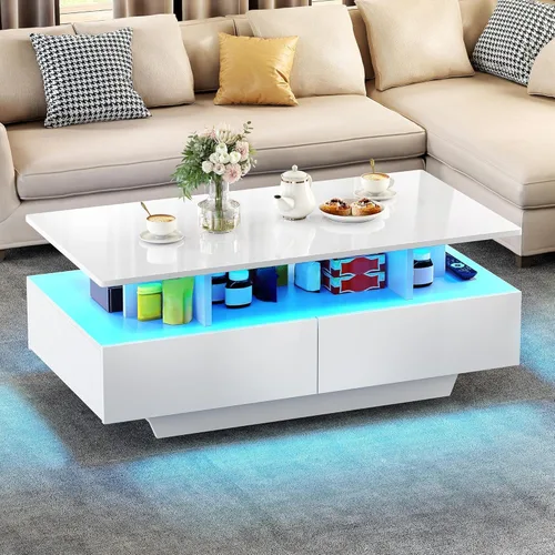 Vista 8 de YITAHOME Mesas de Centro LED para Sala de Estar, Mesa de Centro de Alto Brillo con Almacenamiento de 4 Cajones Deslizantes, Mesa de Centro LED
