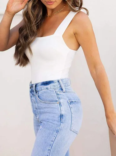 Vista 2 de Reoria - Camiseta sin mangas sexy tipo body con escote cuadrado para mujer, ropa para discoteca