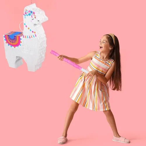 Vista 4 de Wettarn Fiesta de piñata de llama para suministros de fiesta mexicana, incluye palo de piñata y venda, confeti para celebraciones de cumpleaños