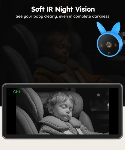 Vista 3 de Babyvue BV3PRO Cámara Dual para Coche de Bebé para 2 Niños, Pantalla Dividida HD 1080P de 18.3 cm, Visión Nocturna IR Cristalina sin Distorsión, Azul