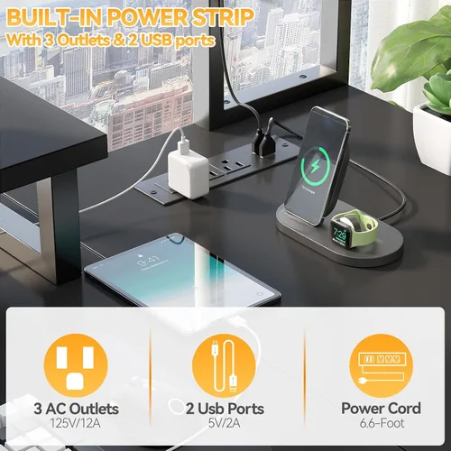 Vista 4 de Aheaplus Escritorio pequeño en forma de L para gaming con luces LED y tomas de corriente, escritorio reversible en forma de L para computadora