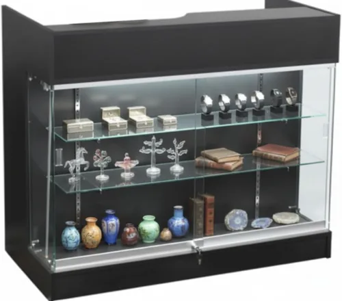 Vista 2 de Wisdomfur Contador de pago minorista de 4 pies con pantalla de vidrio, mostrador de tienda superior con repisa negra con vidrio templado, cajones