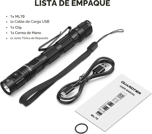 Vista 8 de Guardtier ML70 - Linterna recargable para trabajo al aire libre, campamento, emergencias, actividades al aire libre, linterna táctica LED