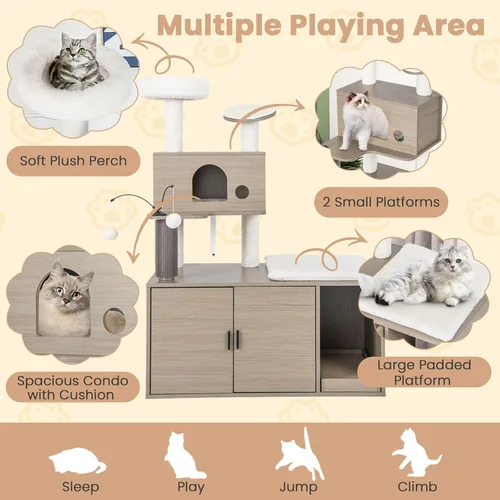 Vista 8 de Tangkula Árbol para gatos con caja de arena, torre para gatos con caja de arena, condominio para gatos, tabla de rascar, perca de felpa suave, bolas