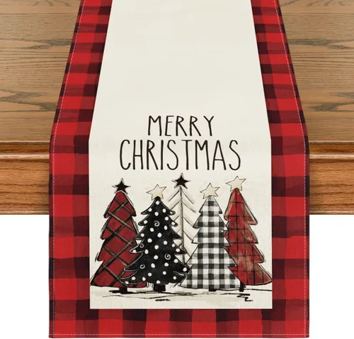 Vista 15 de Artoid Mode Acuarela a Cuadros Buffalo Árboles de Navidad Feliz Navidad Camino de Mesa, Decoración de Mesa de Cocina y Comedor de Temporada
