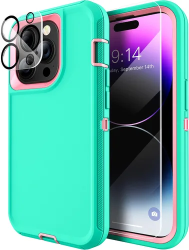 Vista 14 de MXX Funda resistente hecha para iPhone 14 con pantalla de vidrio templado, protector de lente de cámara de 3 capas, protección de cuerpo completo, a