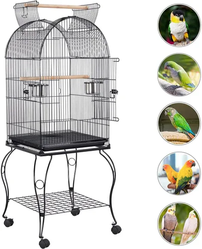 Vista 3 de Yaheetech - Jaula para pájaros de 150 cm, de pie, rodante, de cúpula media, con parte superior abierta, para loros, cacatúas, conuras del sol