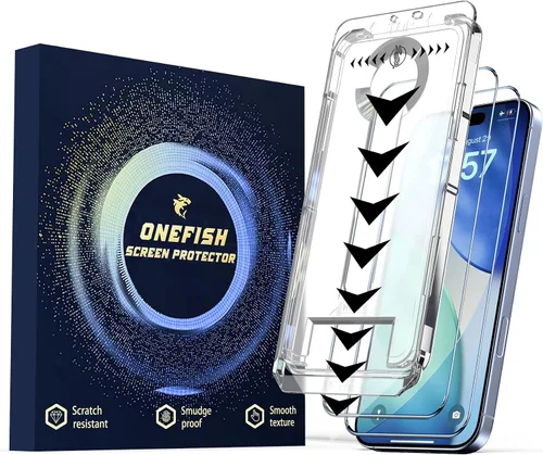 Vista 8 de OneFish Protector de pantalla para iPhone 14Plus/13Pro Max, película de vidrio templado HD Clarity dureza 9H+, con marco de instalación sin
