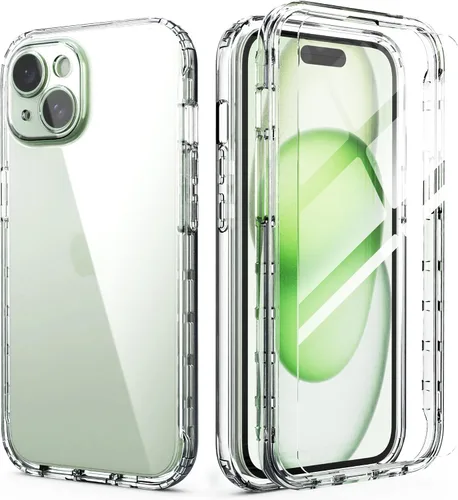 Vista 9 de IDweel Funda para iPhone 15 con protector de pantalla (vidrio templado), híbrida 2 en 1, a prueba de golpes, suave, delgada, transparente