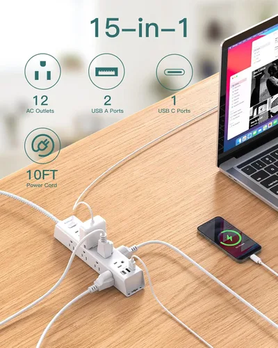 Vista 2 de Regleta protectora de sobretensiones – Cable de extensión de 10 pies, regleta de alimentación con 12 salidas de CA amplias 3 USB, enchufe plano