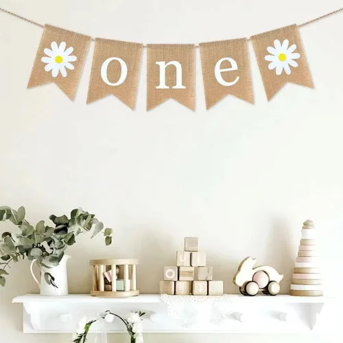 Vista 5 de Cartel de arpillera de yute con temática de margaritas para decoración de fiesta de primer cumpleaños, decoración de fiesta de primavera, guirnalda