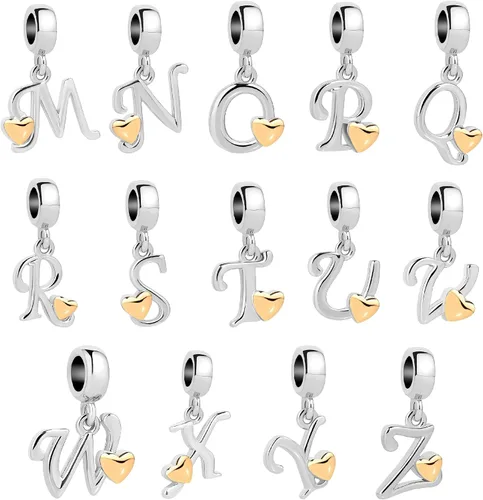 Vista 7 de Abalorio de letra inicial A-Z compatible con pulseras Pandora con nombre del alfabeto, regalo dorado, corazón, familia, cumpleaños, aniversario