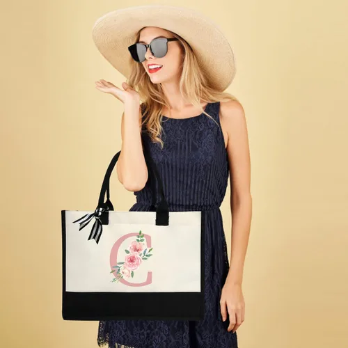 Vista 5 de DEEZOMO Initial Canvas Tote Bag for Women, Beach Bag with Inner Zipper Pocket Personalized Gifts for Wedding, Birthday