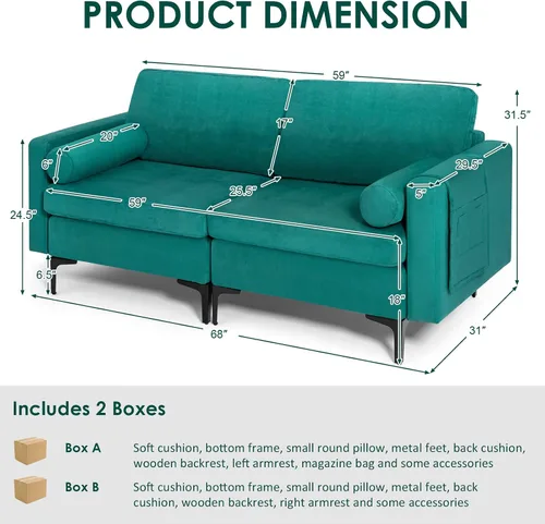 Vista 2 de KOMFOTT Sofá de dos plazas, tapizado para sala de estar, asientos de dos plazas modernos con 2 almohadas de refuerzo, bolsillo para revista, sofá