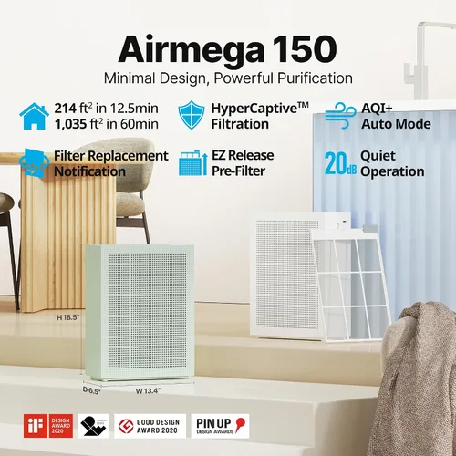 Vista 2 de Purificadores de aire Coway para el hogar y dormitorio hasta 1,035 pies cuadrados con filtro lavable, filtro HEPA verdadero para humo, polen, caspa