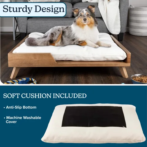 Vista 4 de PETMAKER - Cama elevada para perros, cama interior para mascotas de 36 x 29.5 pulgadas con marco y cojín suave, cama para perros de madera moderna
