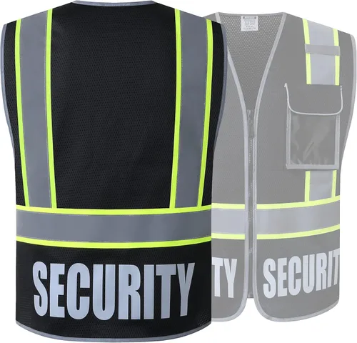 Vista 5 de Chaleco de Seguridad para Hombres y Mujeres Chaleco de Seguridad Reflectante con 5 Bolsillos y Cremallera Frontal Chaleco de Malla de Alta Negro