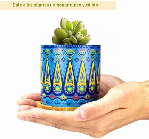 Vista 3 de Maceta de mandala para suculentas con orificio de drenaje y posavasos de bambú, macetas pequeñas, maceta de cerámica bohemia para plantas pequeñas A