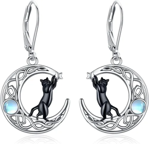 Vista 10 de Aretes colgantes de plata de ley con diseño de árbol de la vida, flor, abeja, animales, gato, colibrí, piedra lunar, turquesa, aretes con cierre